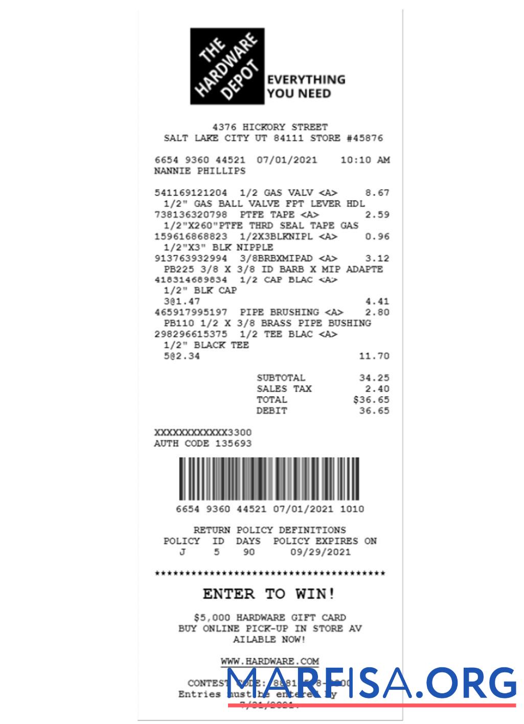Realistic THE HARDWARE DEPOT receipt template